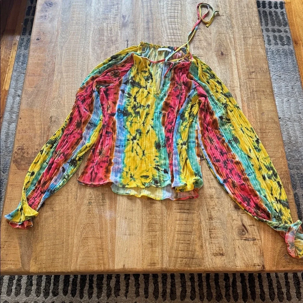 Ramy Brook micro pleated tie dye shirt blouse top pink yellow Bloomingdale’s NWT